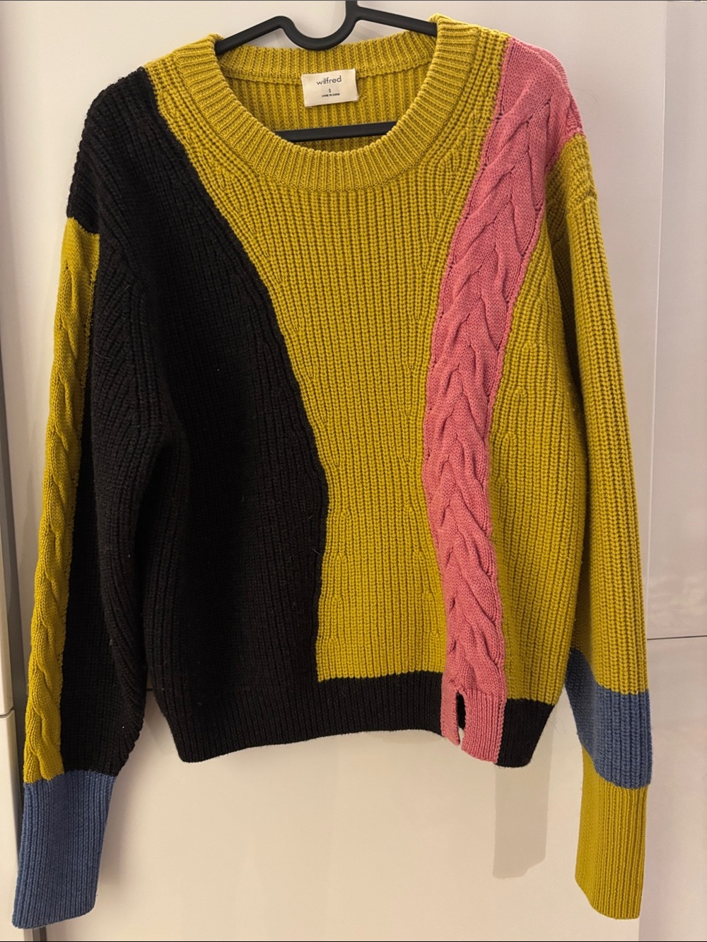 Wilfred Colorblock Cable-Knit Crew Sweater in Yellow, Pink, Black & Blue